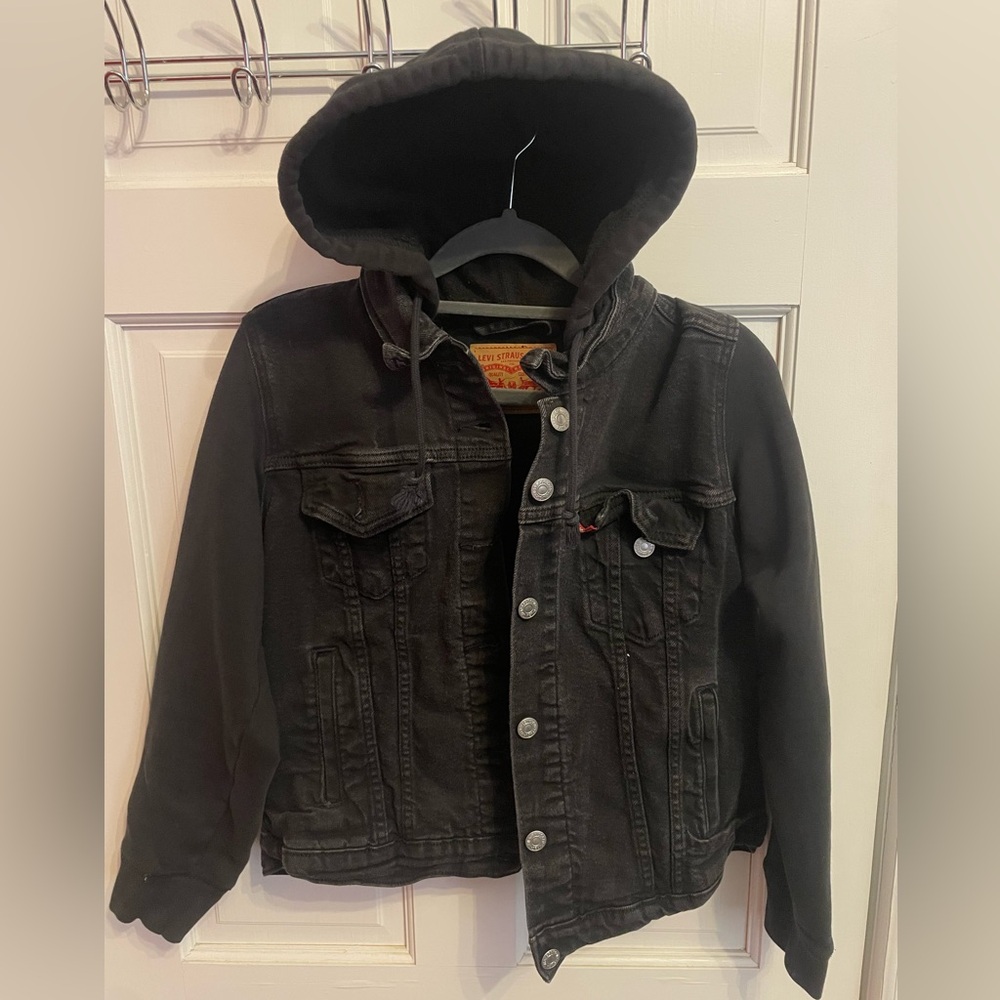 Levi's Black Hooded Denim Jacket with cotton hood and arms - Womens Large